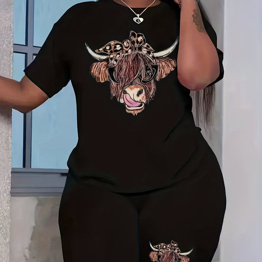 Women's Plus Leopard Cow Print Crew Neck Top & Shorts Set