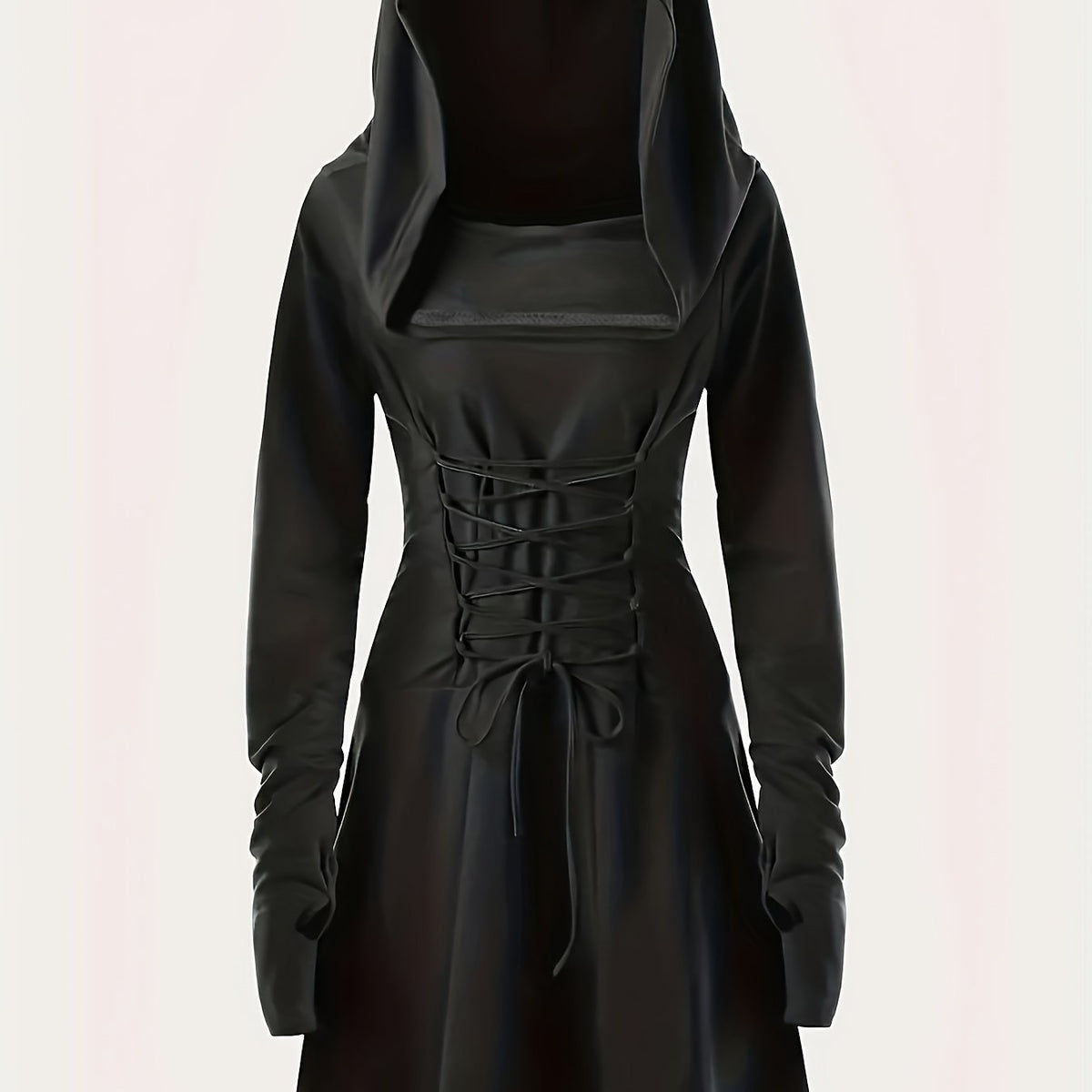  Gothic Lace Up Long Sleeve Hooded Dress