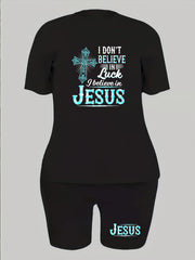  2 Piece Set Women's Cross & Slogan Print Top & Shorts