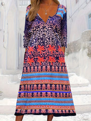  Colorblock Floral Print Button Up Round Neck Dress