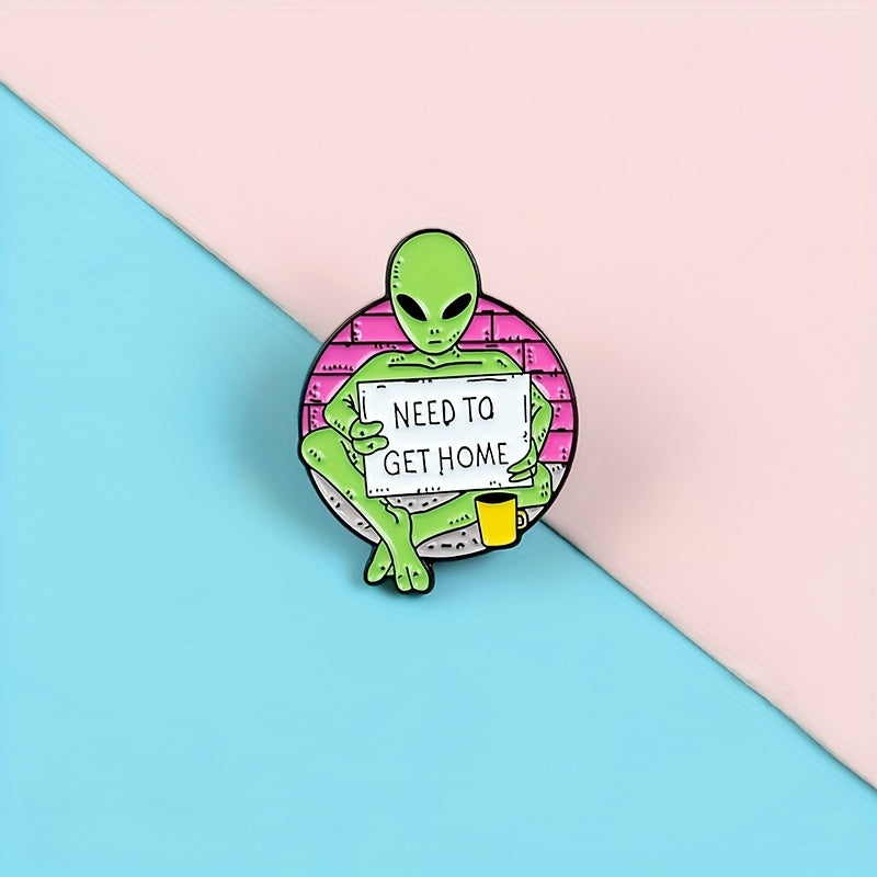 Green Alien Wandering Earth Red Brick Wall Yellow Cup Cartoon Punk Brooch