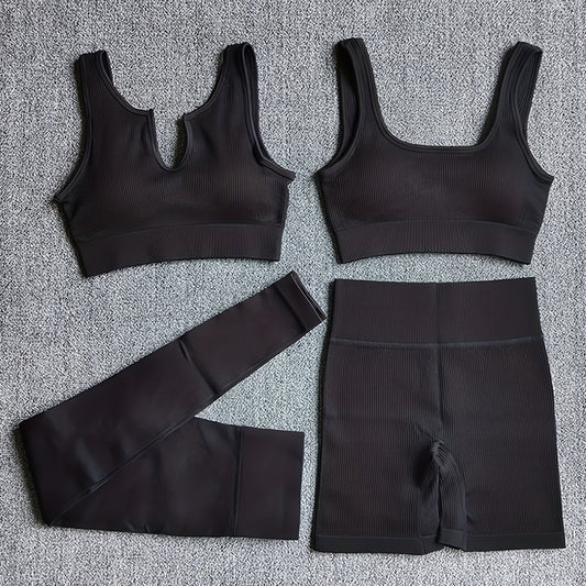 4pcs Yoga Workout Set V neck Sports Bra & Shorts & Legings Women's Activewear