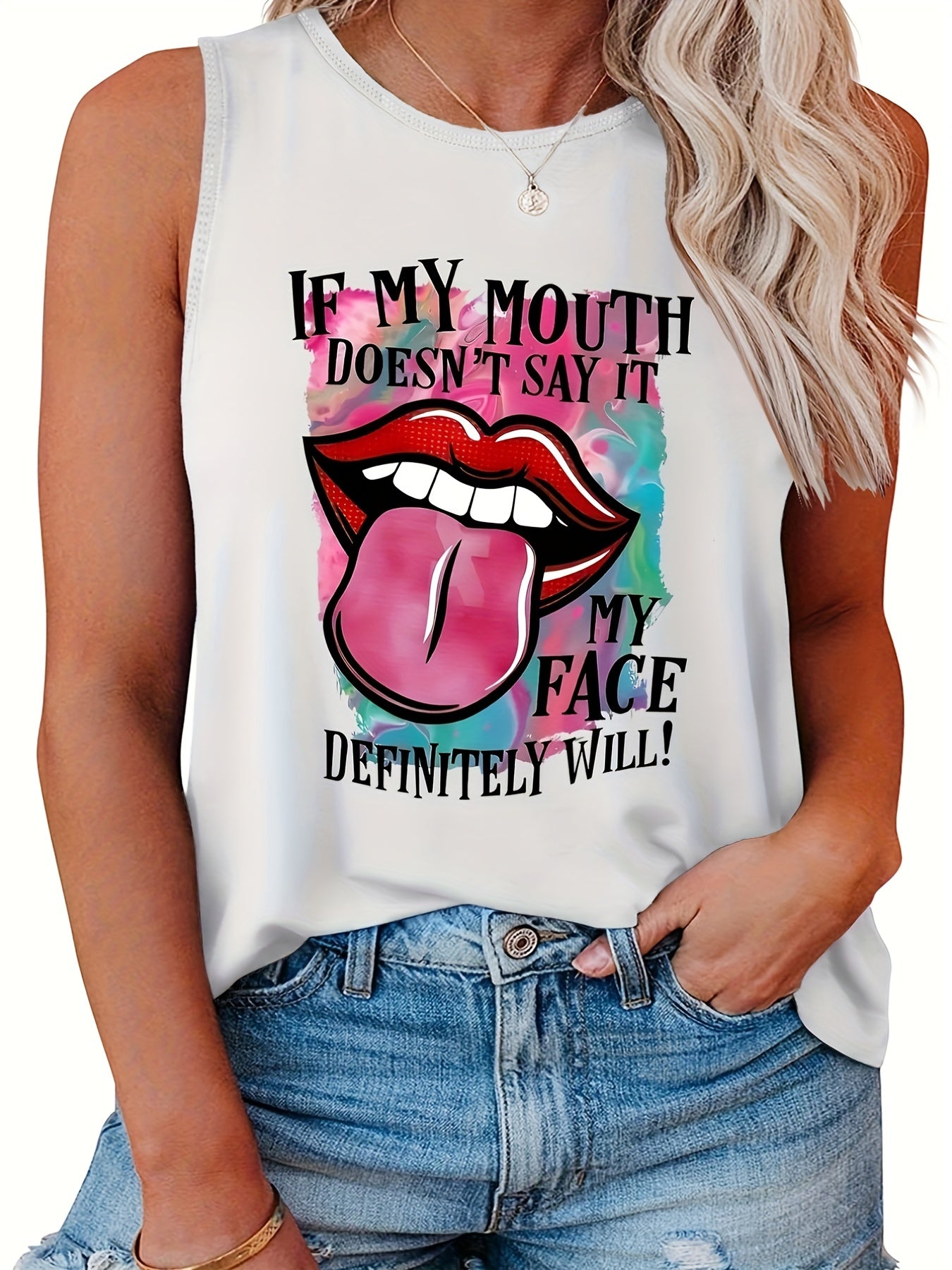  Casual Tank Top Women's Plus Slogan & Lip Print Round Neck Tank Top