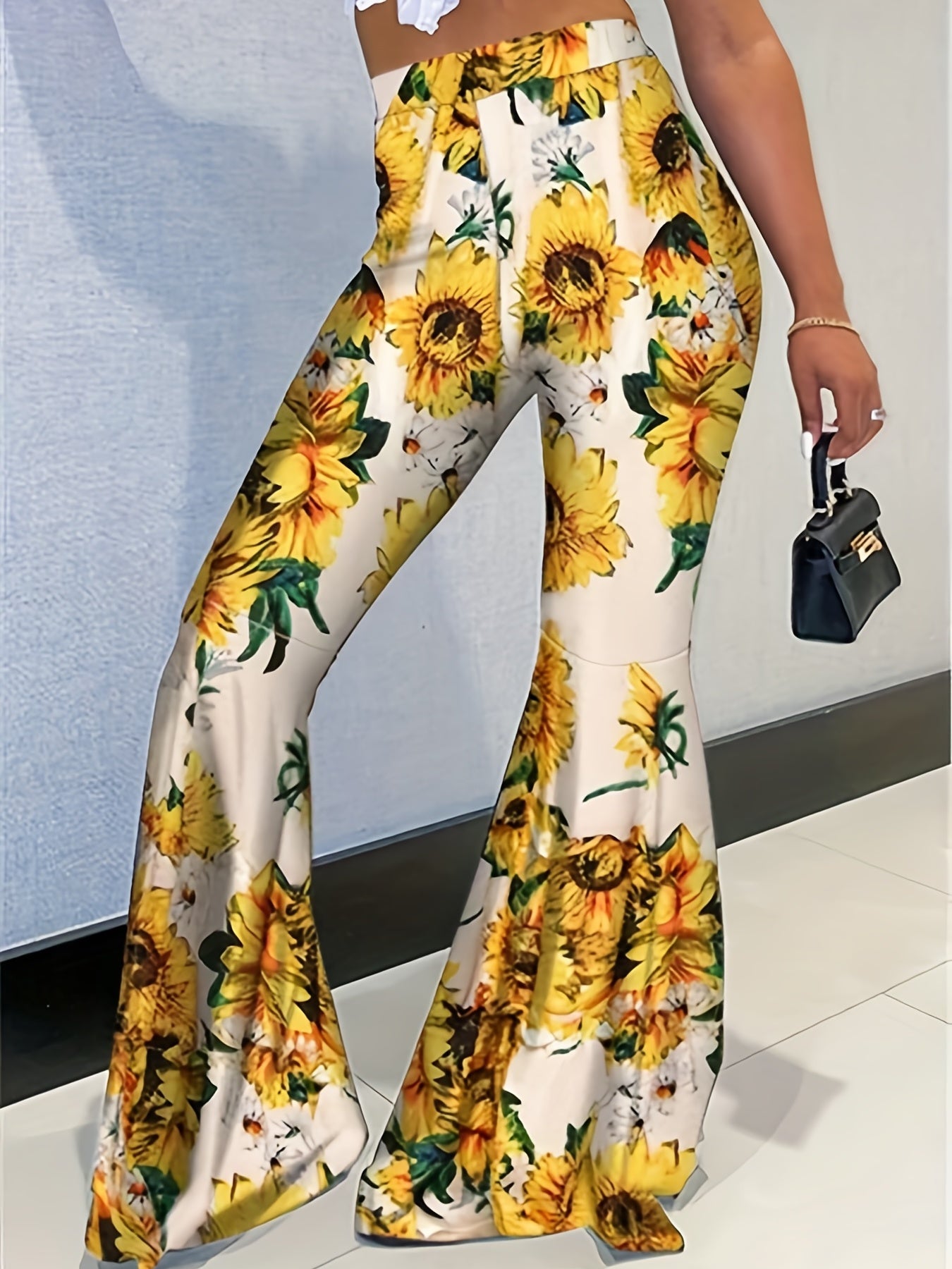  Sunflower Print Flared Leg High Rise Pants