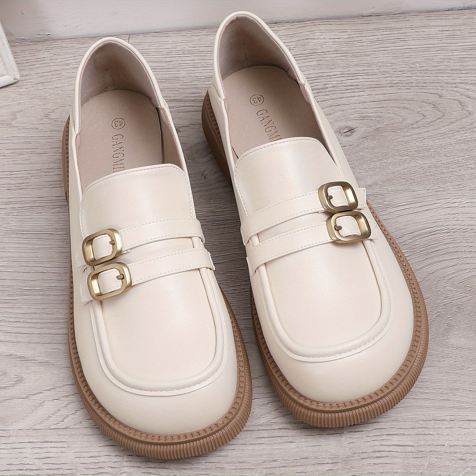 Women's Double Buckle Strap Loafers Slip On Shoes
