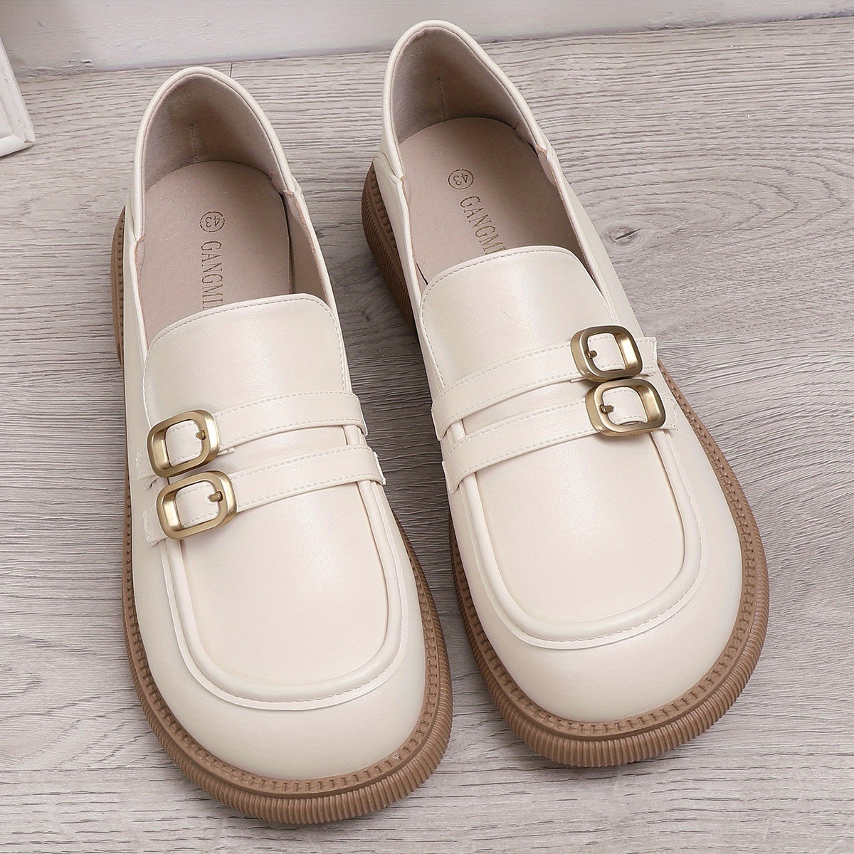Women's Double Buckle Strap Loafers Slip On Shoes