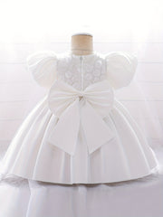 Girls Puff Sleeve Princess Dress with Flower Decor