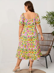  Ditsy Floral Print Ruffle Trim Puff Sleeve Maxi Dress