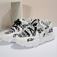 Women's Houndstooth Knit Sneakers Lace Up Low Top Platform Shoes