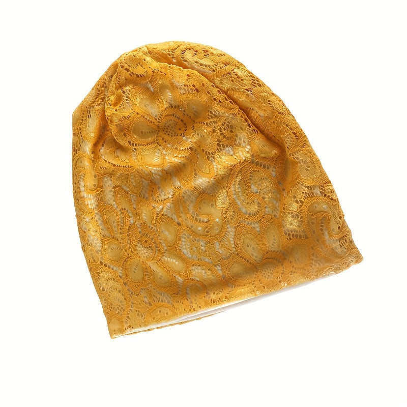 Yellow Lace Flower Beanie Skull Cap for Women Men