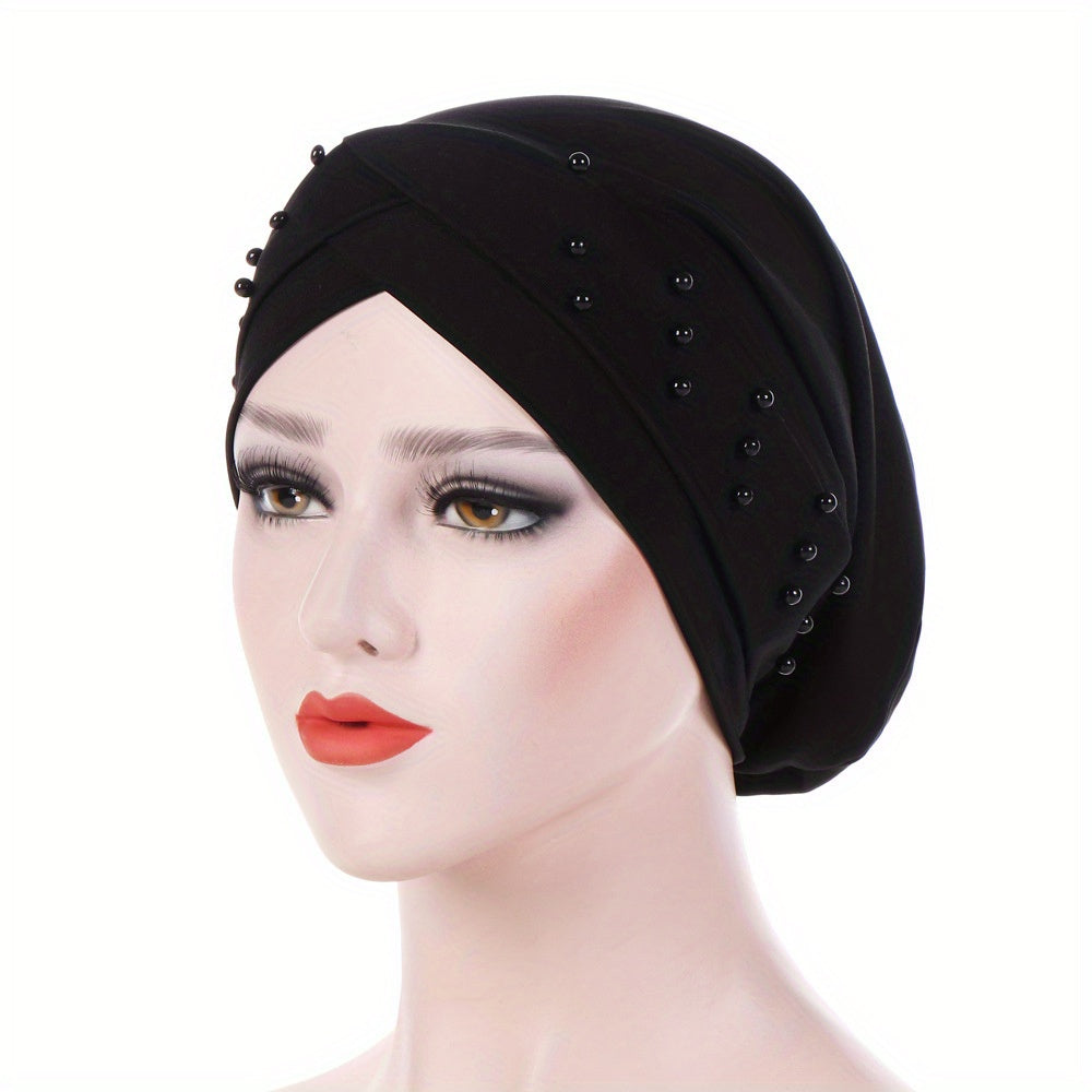 Baggy Beanie Cap Turban Headwrap Solid Beads Decor Headscarf Ramadan