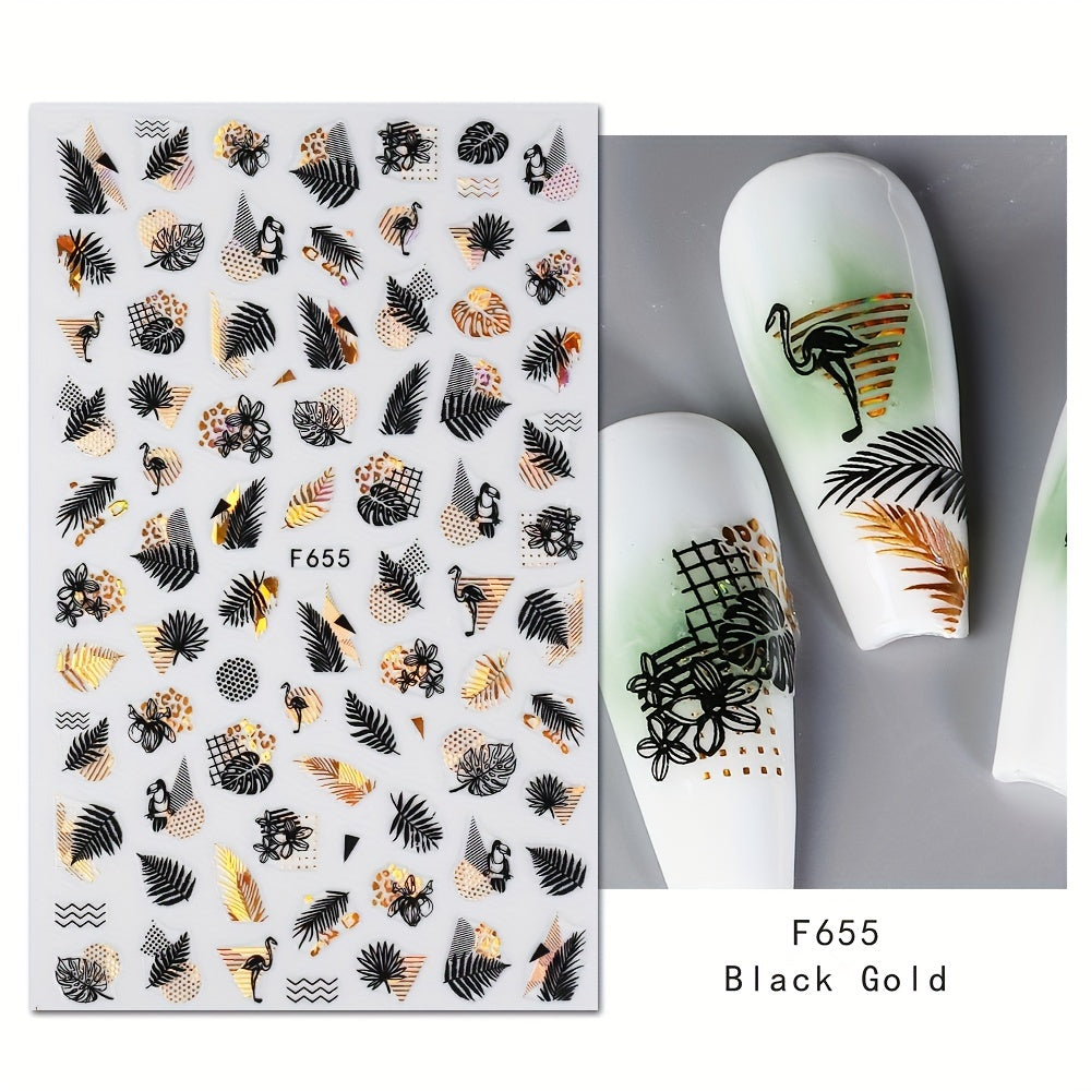 4 Sheets 3D Nail Art Stickers: Leaves/Flame Bird Adhesive Nail Decals