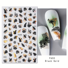 4 Sheets 3D Nail Art Stickers: Leaves/Flame Bird Adhesive Nail Decals