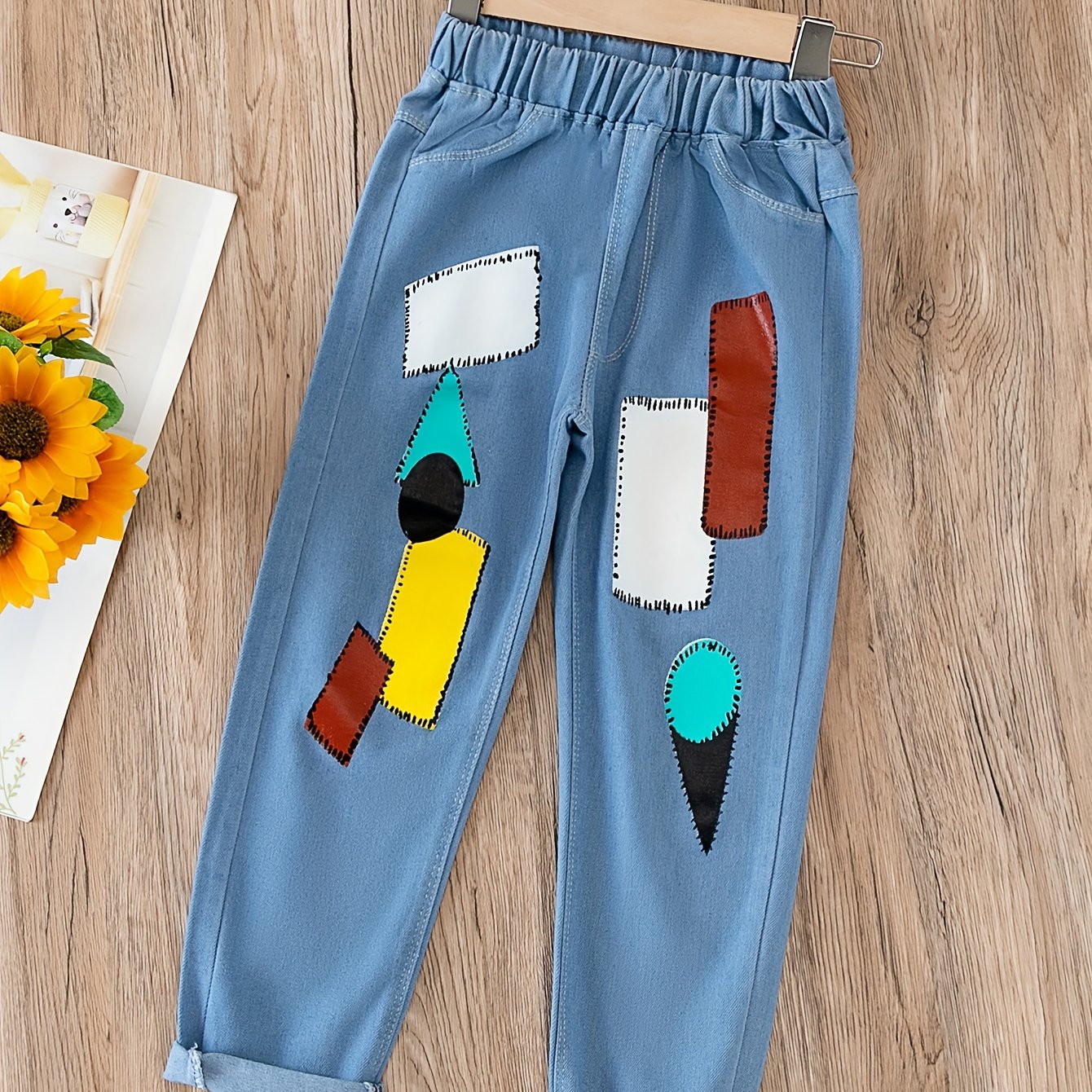 Girls Geometric Cartoon Jeans Elastic Waist Trousers 5-12 Years