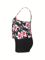  Floral Ribbed Tank Top & Solid Shorts Swimsuit Set