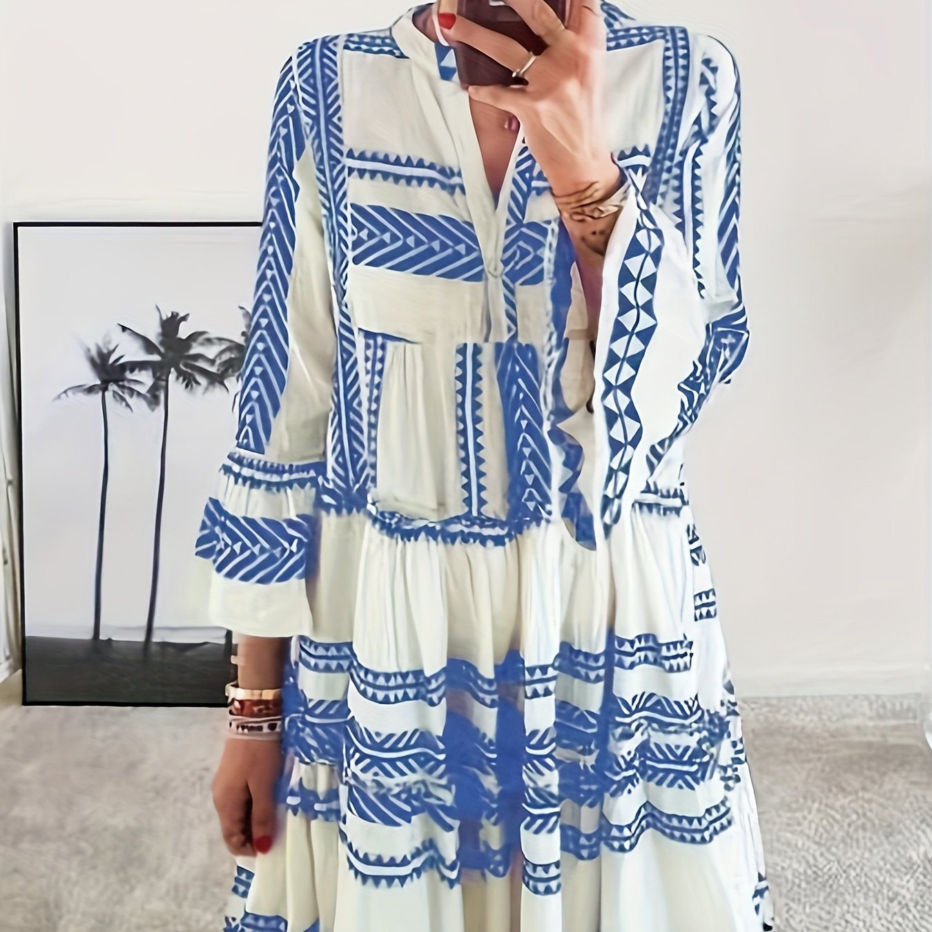  Geometric Print Bell Sleeve Smock Dress