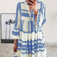  Geometric Print Bell Sleeve Smock Dress