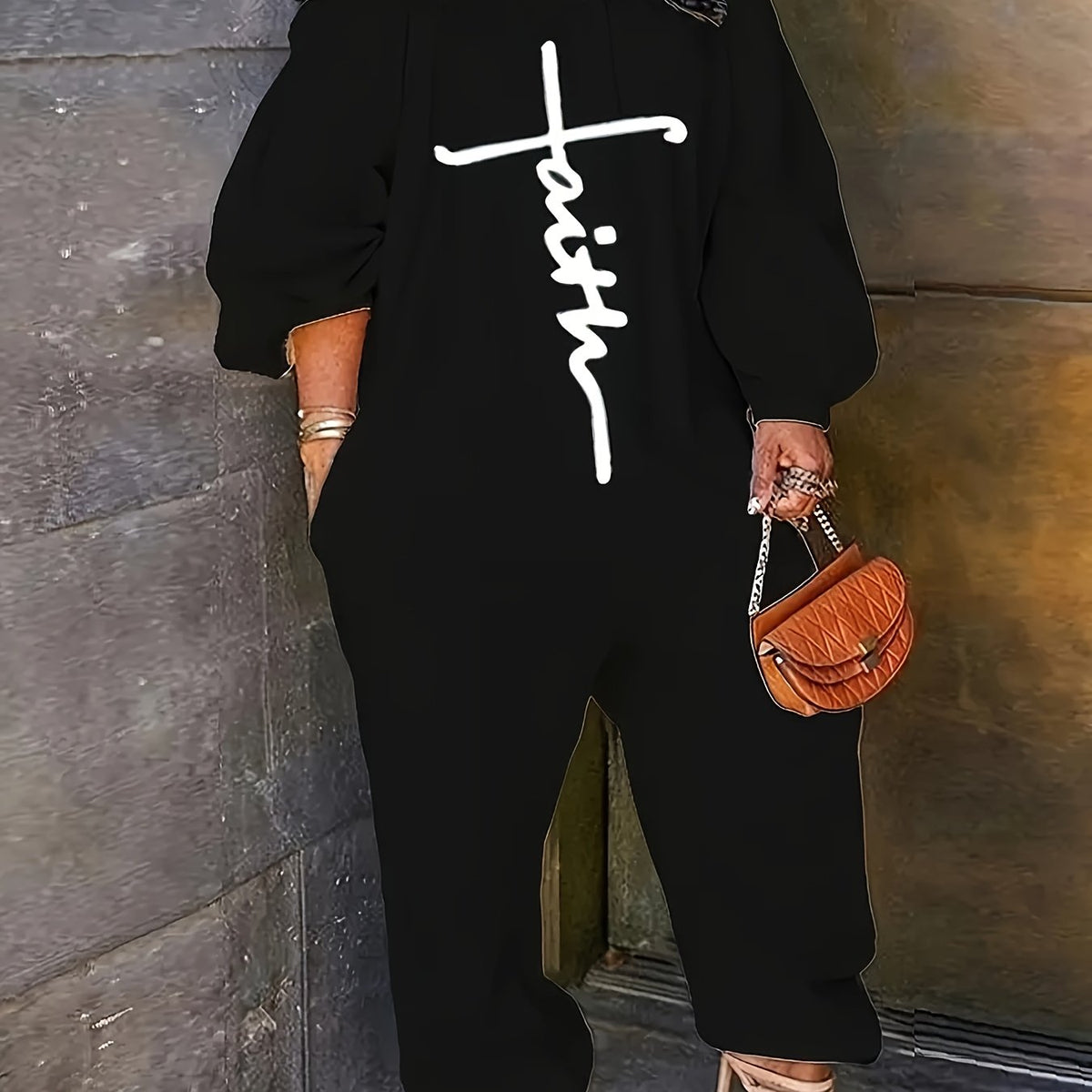  Off Shoulder Bubble Sleeve Jumpsuit with Pockets