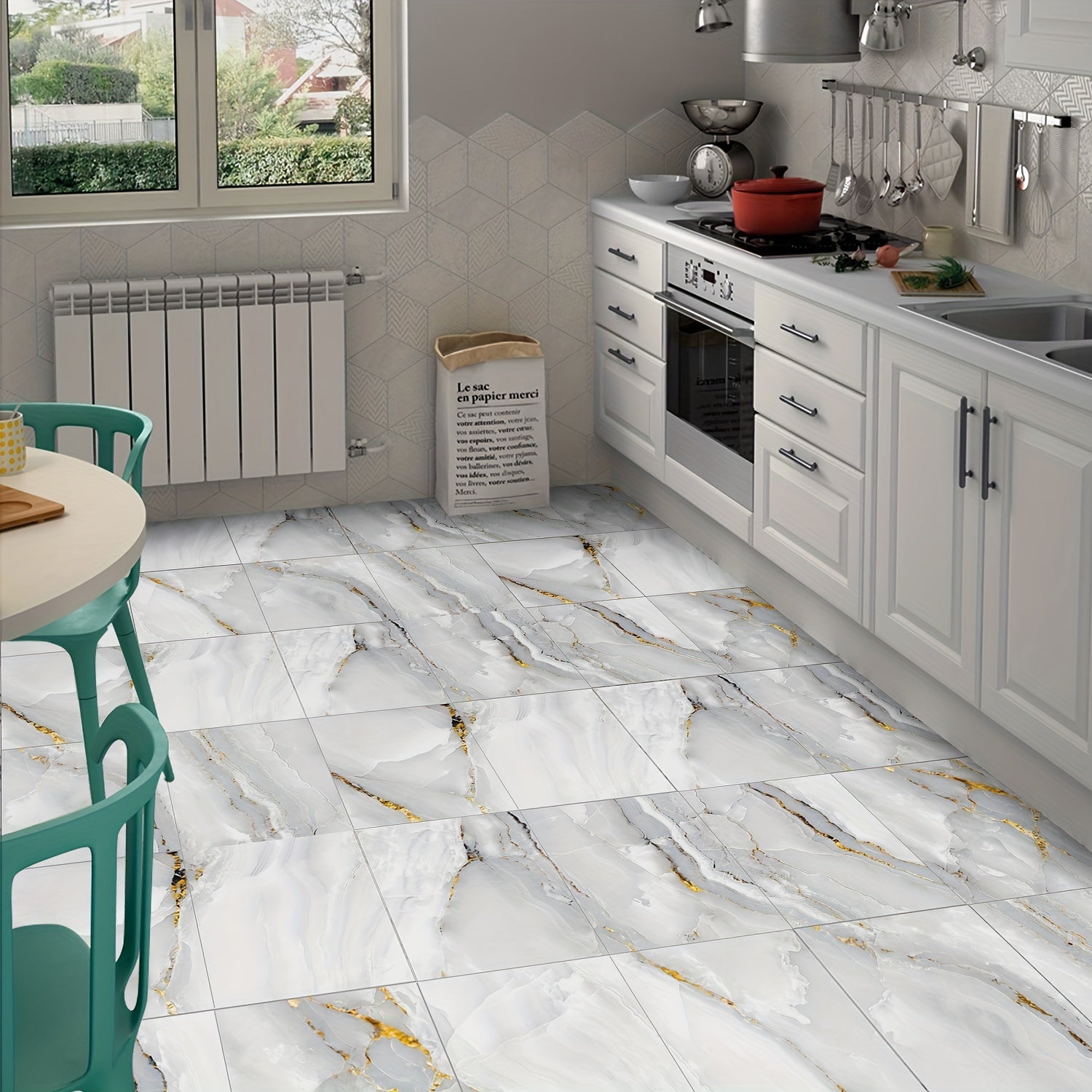 Grey Marble Pattern Floor Sticker Peel Stick Tile Waterproof Bathroom Kitchen