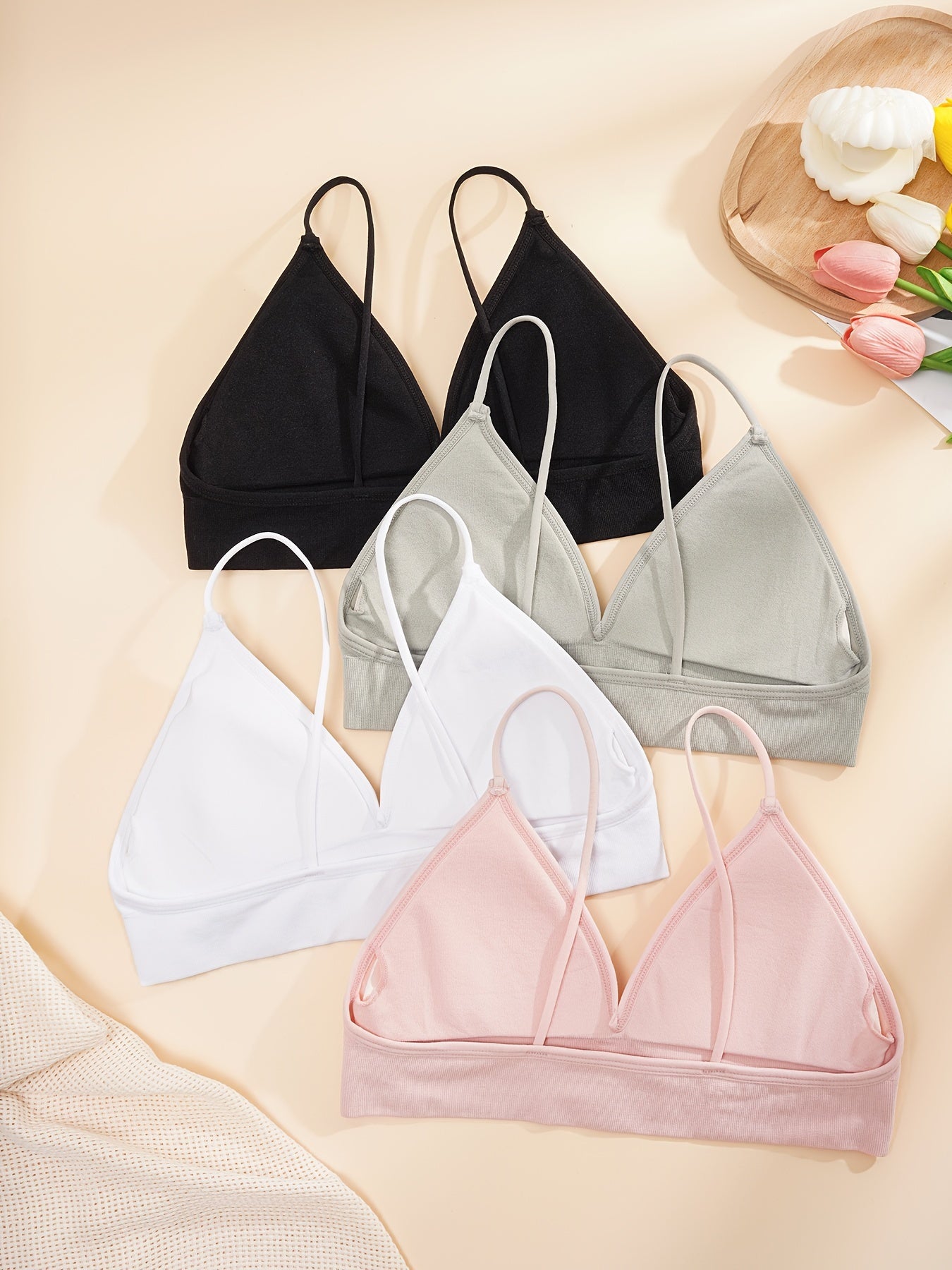 4pcs Solid Wireless Bras Women's Lingerie