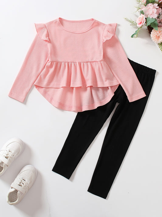 Girl's Ribbed Peplum Top & Leggings Set For Spring Fall