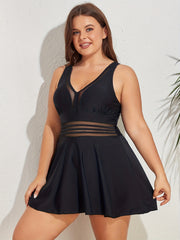  Mesh Stripe V Neck One Piece Swimsuit