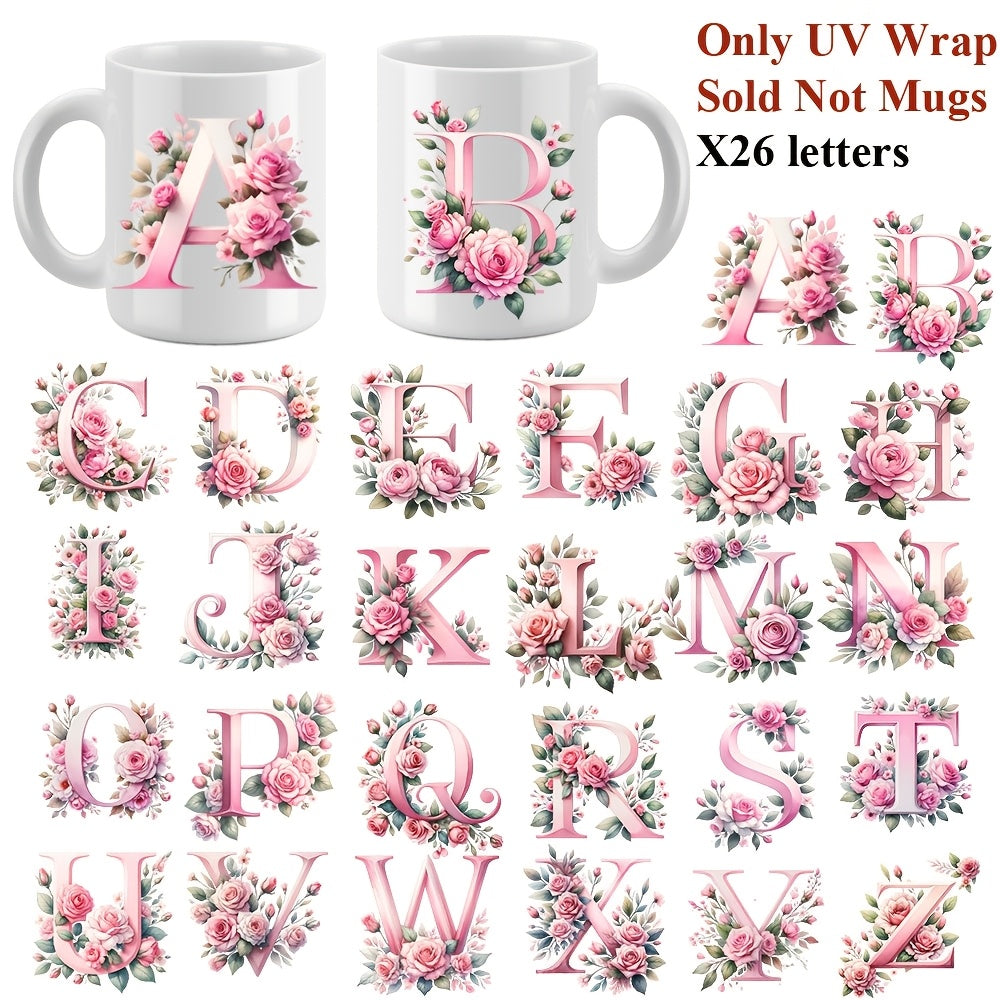 27pcs Pink Floral Alphabet UV Transfer Paper Waterproof Self Adhesive Decals