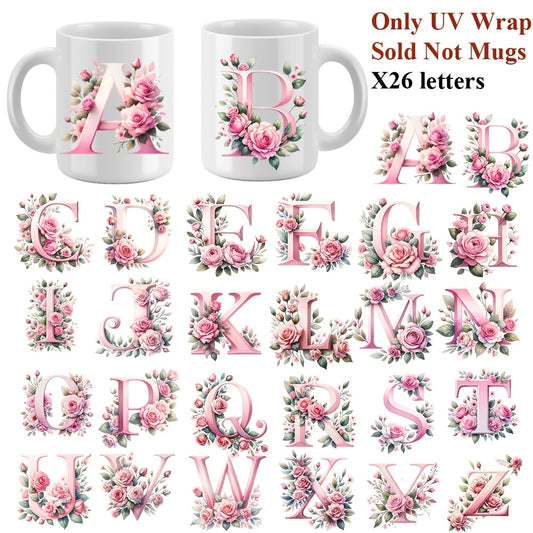 27pcs Pink Floral Alphabet UV Transfer Paper Waterproof Self Adhesive Decals