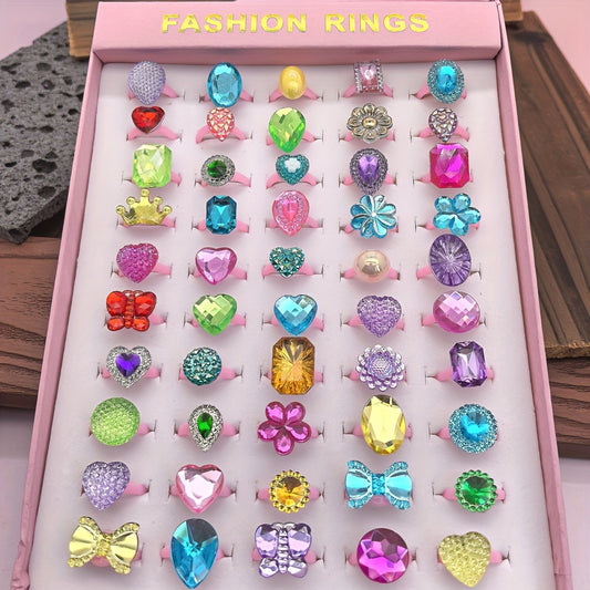 Colorful Resin Crystal Princess Ring Set, Assorted Colors, 10-50pcs