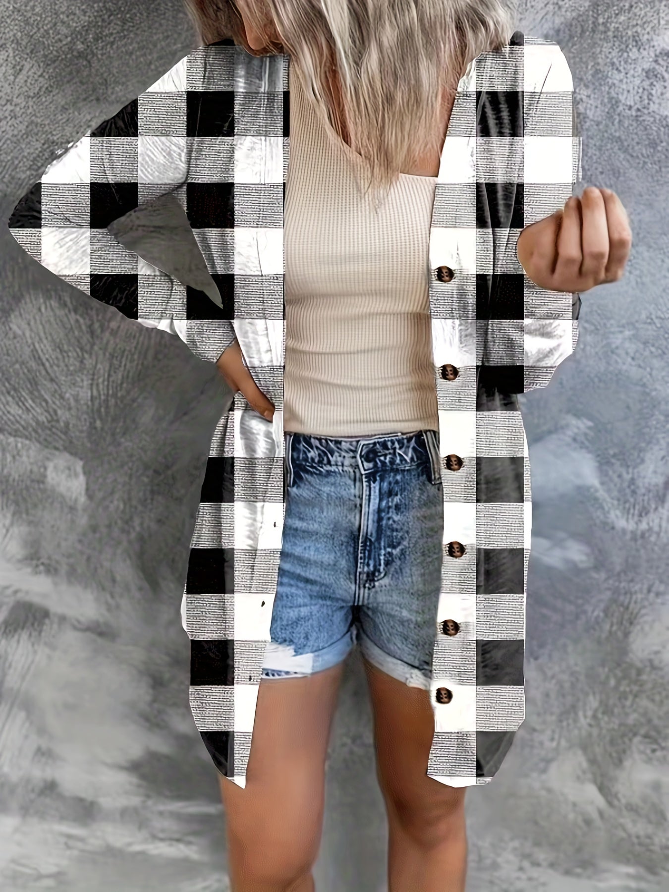  Gingham Print Button-Up Cardigan