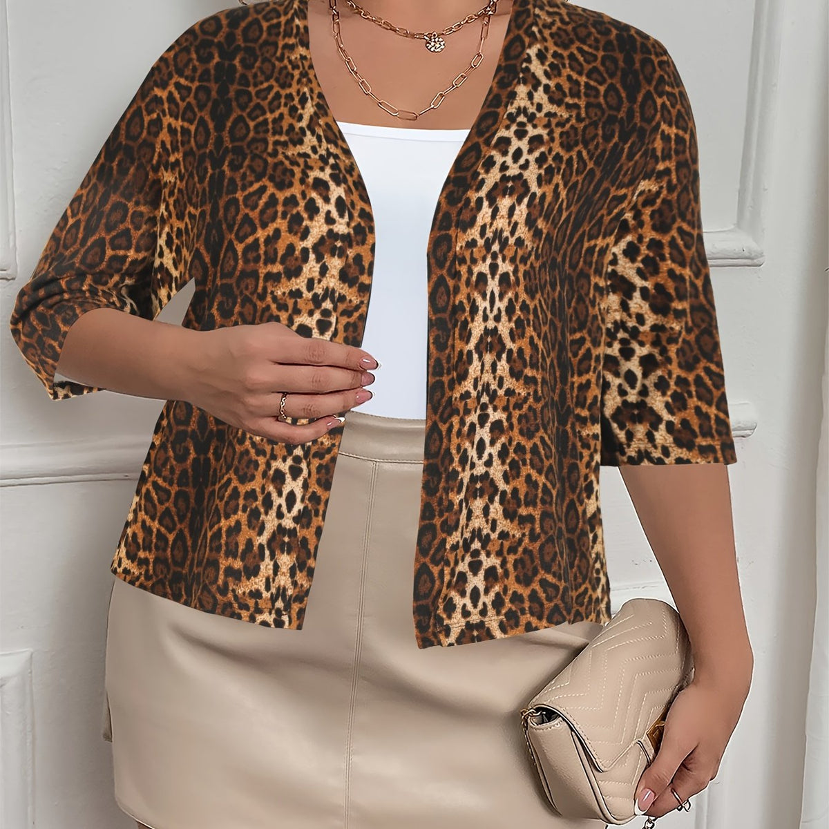  Leopard Print Open Front Three Quarter Sleeve Cardigan