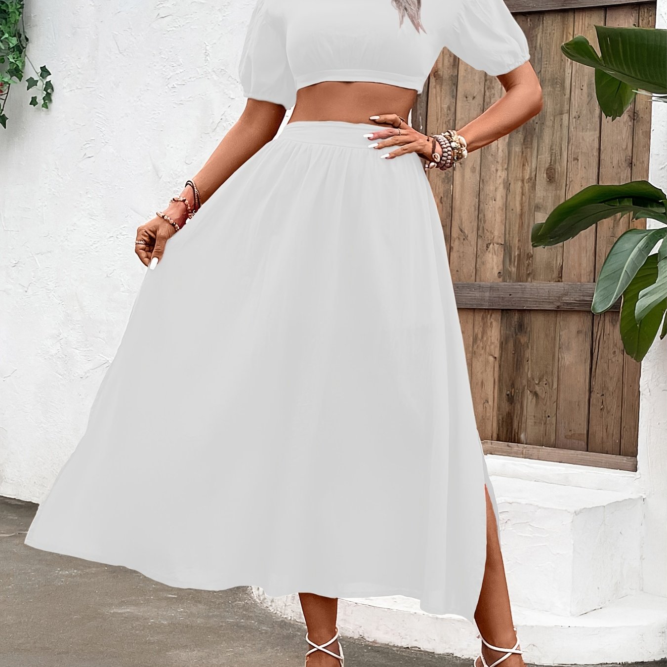 Solid Two Piece Set Crop Top & Split Skirt Outfit