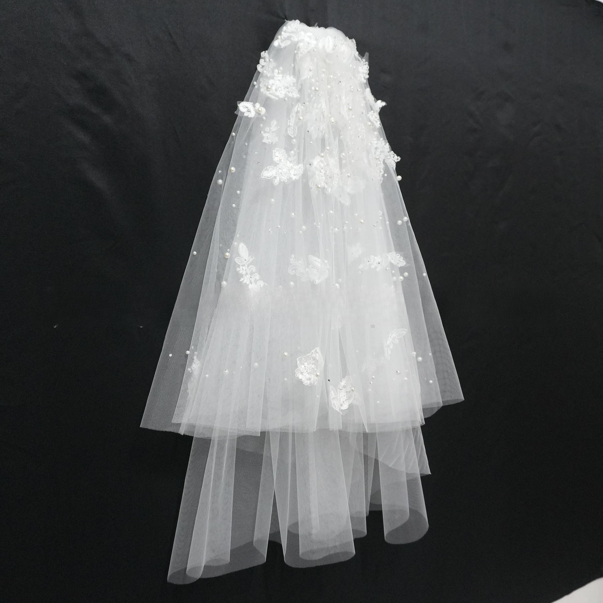 Forest Themed Short Lace Veil with Handcrafted Pearl Butterfly Trim