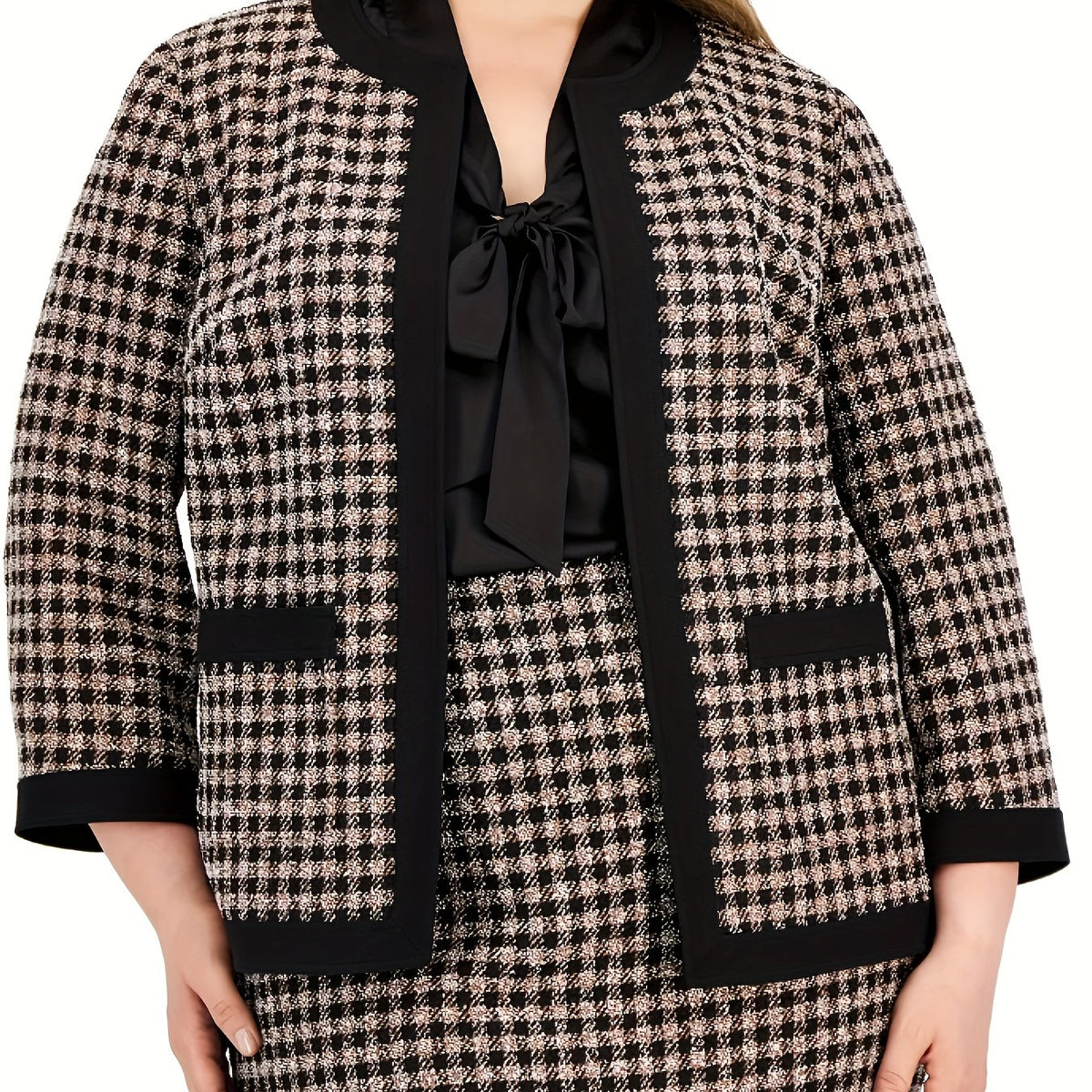  Plaid Print Coat & Midi Skirt Set