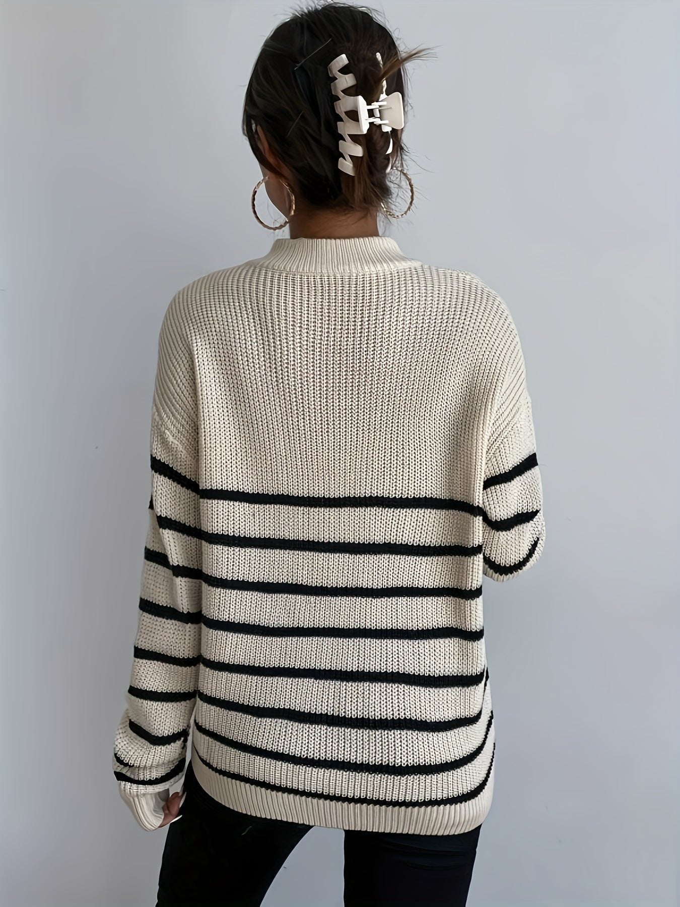  Stripe Print Zipper High Neck Jumper