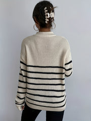  Stripe Print Zipper High Neck Jumper