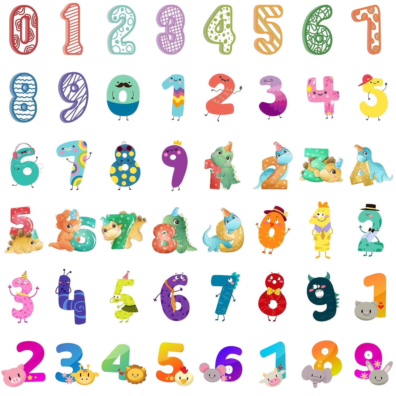 48Pcs Cartoon Number Waterproof Stickers For Bottles Laptop Wall Cabinets
