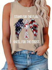  Casual Tank Top Women's Plus Cross & Wing & Slogan Print Round Neck
