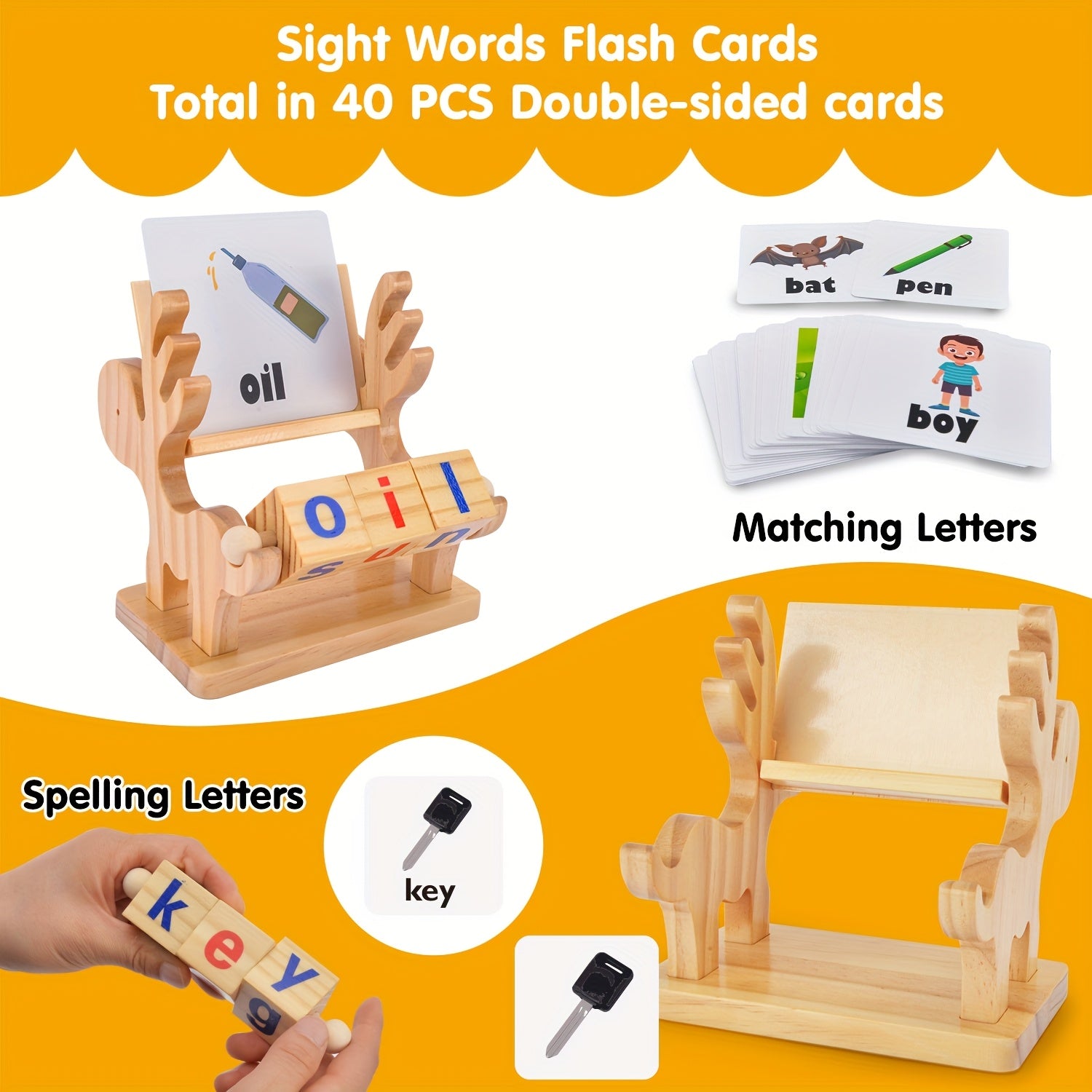 BATTOP Wooden Reading Blocks CVC Sight Words Game Phonics Learning Toy