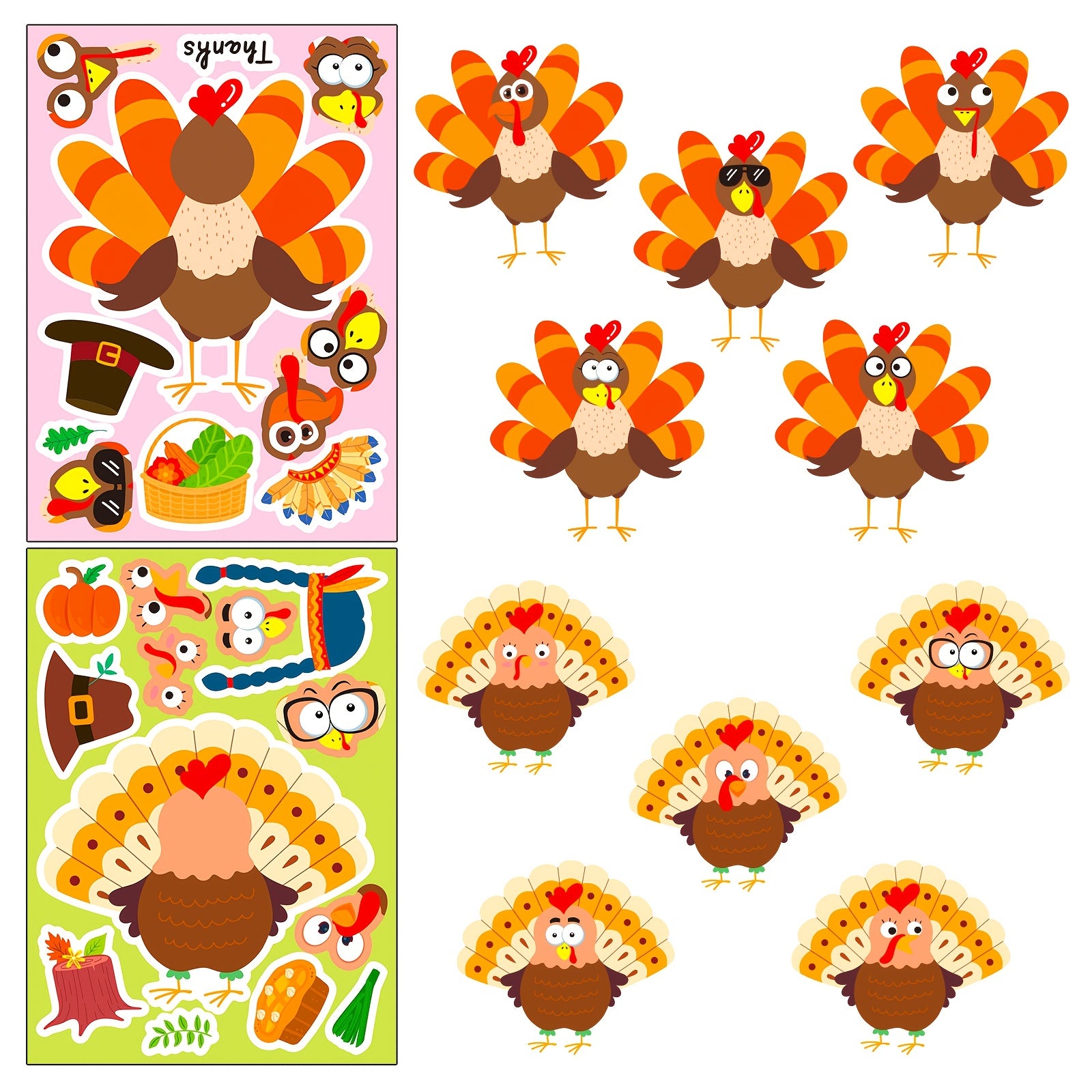 6 Turkey Thanksgiving Puzzle Face Matching DIY Stickers