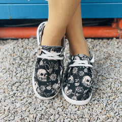 Women's Skull Pattern Canvas Shoes Lightweight Slip On Halloween Shoes