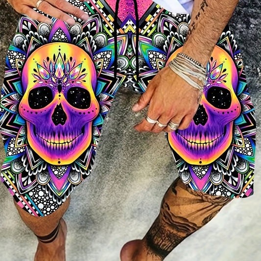 Colorful Skull Pattern Beach Shorts Men's Drawstring Shorts
