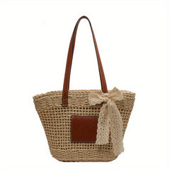 Straw Summer Beach Bag Woven Tote Scarf Decor Shoulder Bag