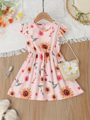 Girls Ruffle Trim Flowers Graphic Princess Dress For Party Beach Vacation