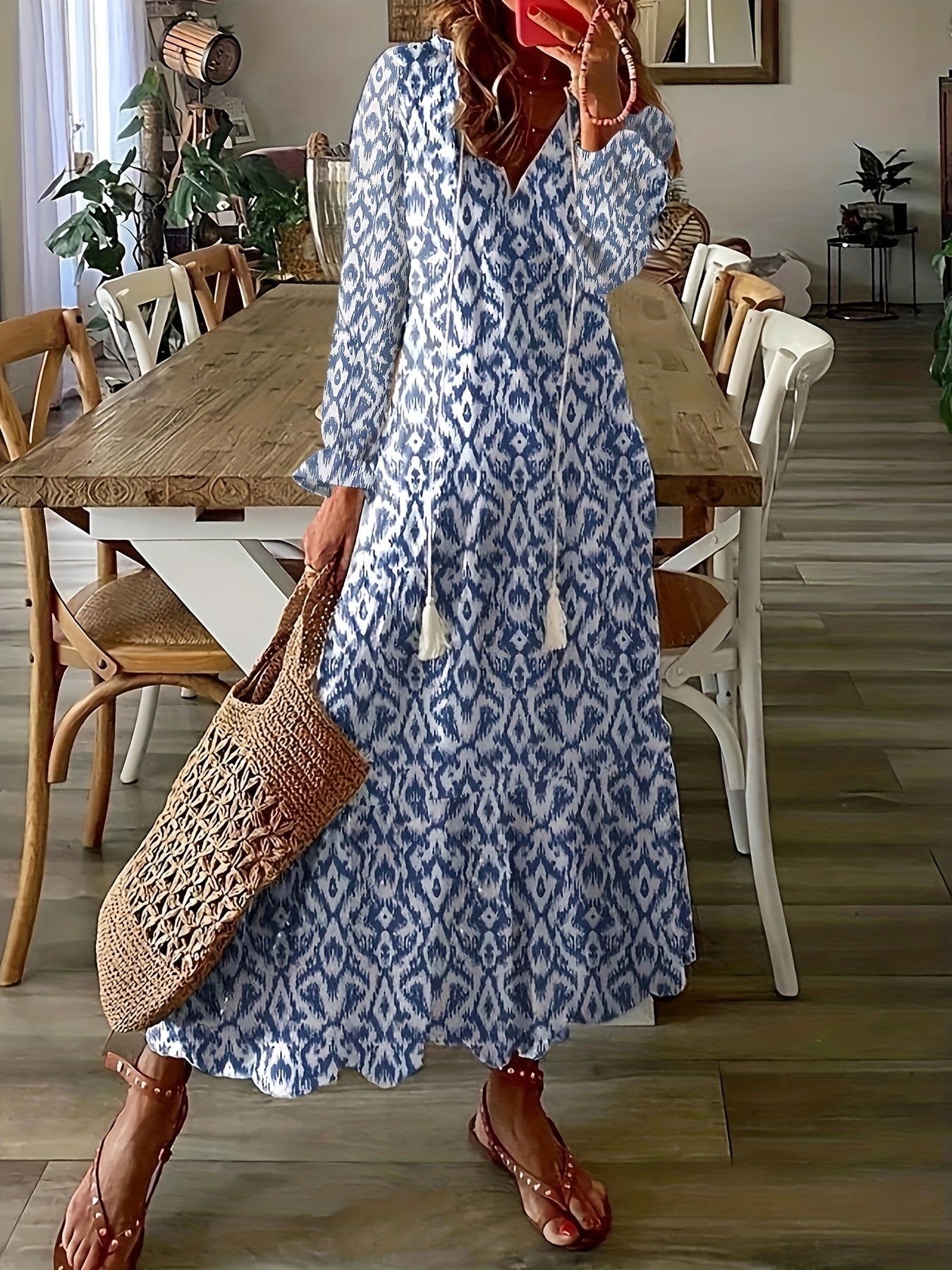  Boho Maxi Dress Allover Print Flounce Sleeve V Neck Smock