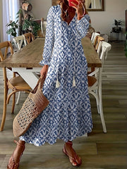  Boho Maxi Dress Allover Print Flounce Sleeve V Neck Smock