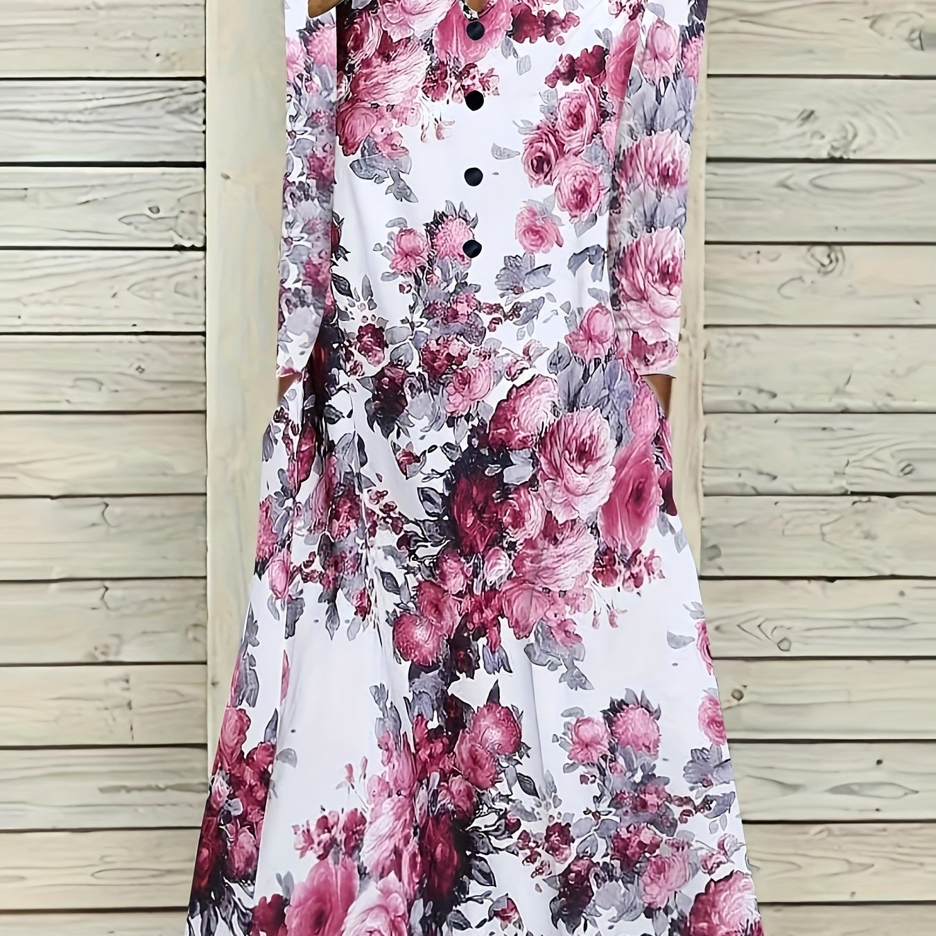 Floral Print Long Sleeve Dress With Pockets