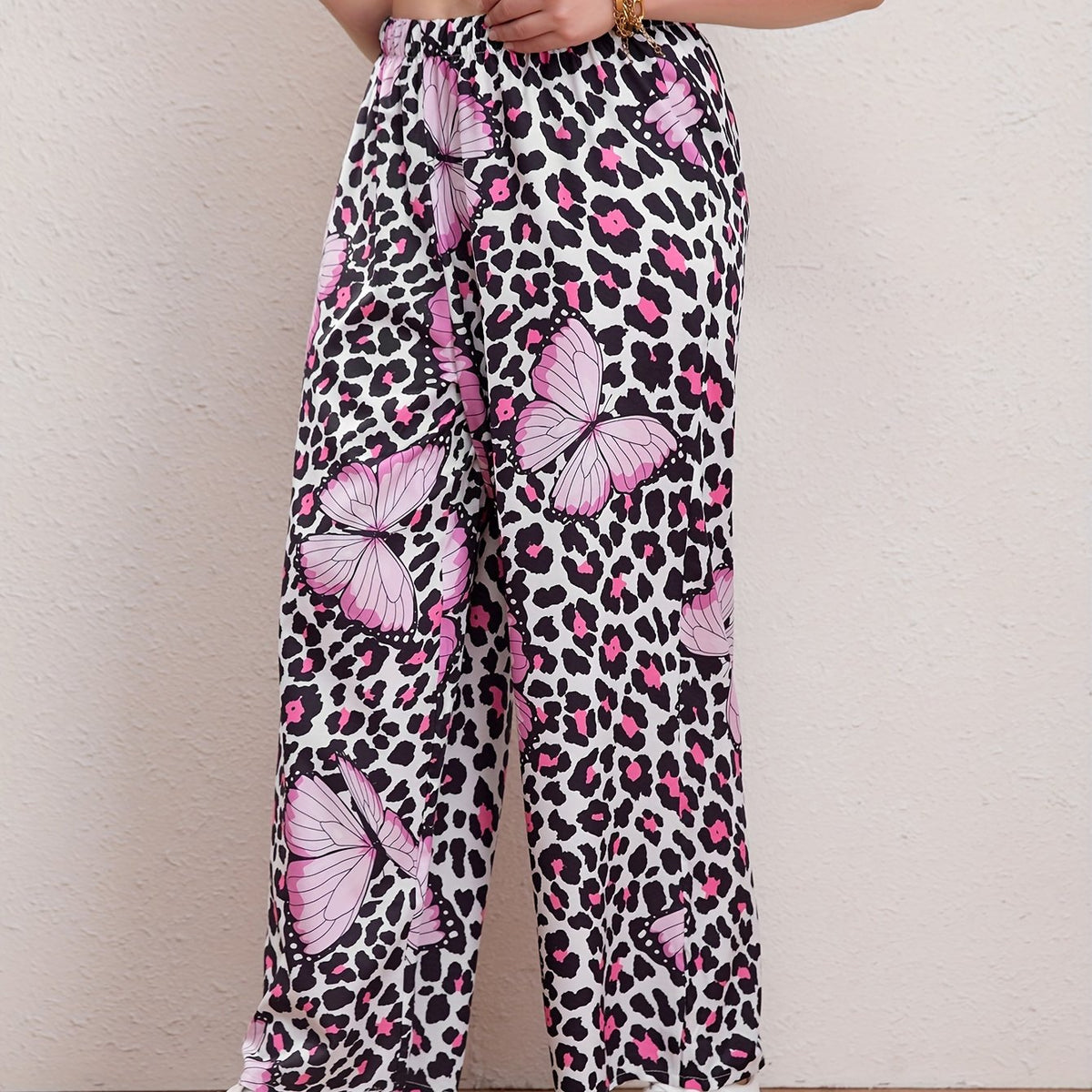  Leopard & Butterfly Print High Rise Wide Leg Trousers