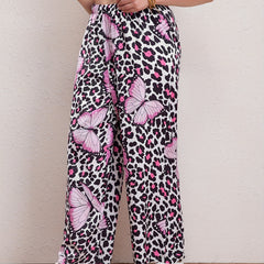  Leopard & Butterfly Print High Rise Wide Leg Trousers