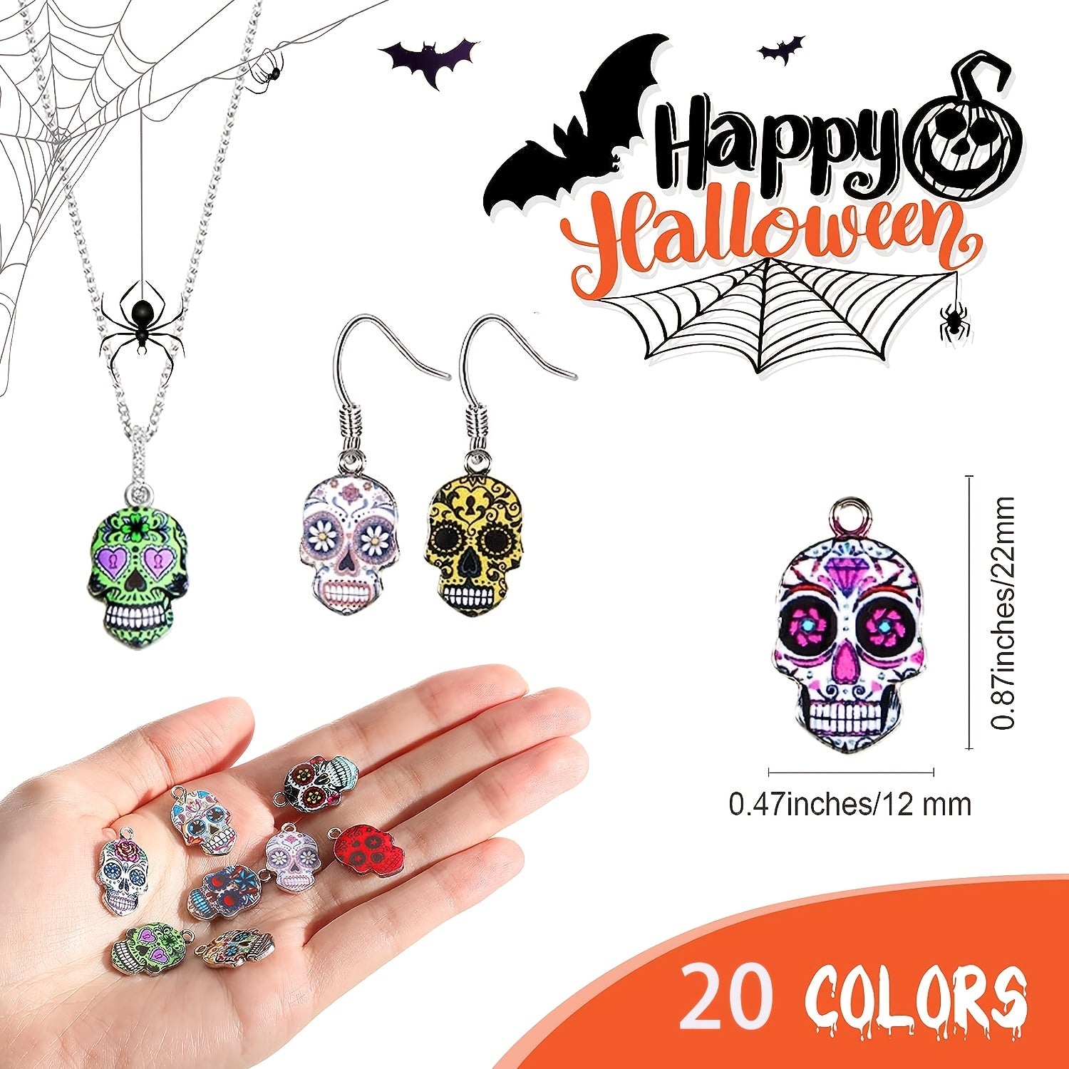 80pcs Halloween Skull Charms Dead Flower Enamel Skull Pendants Alloy Charms